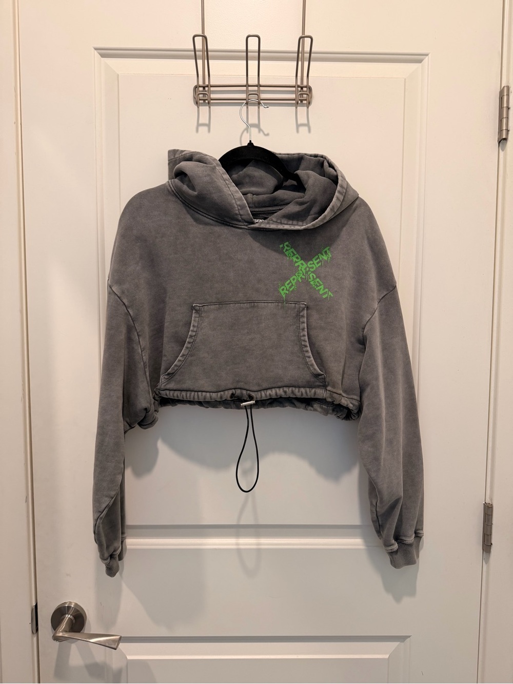 Represent Washed Grey Cropped Hoodie with Green Graphics Size XS